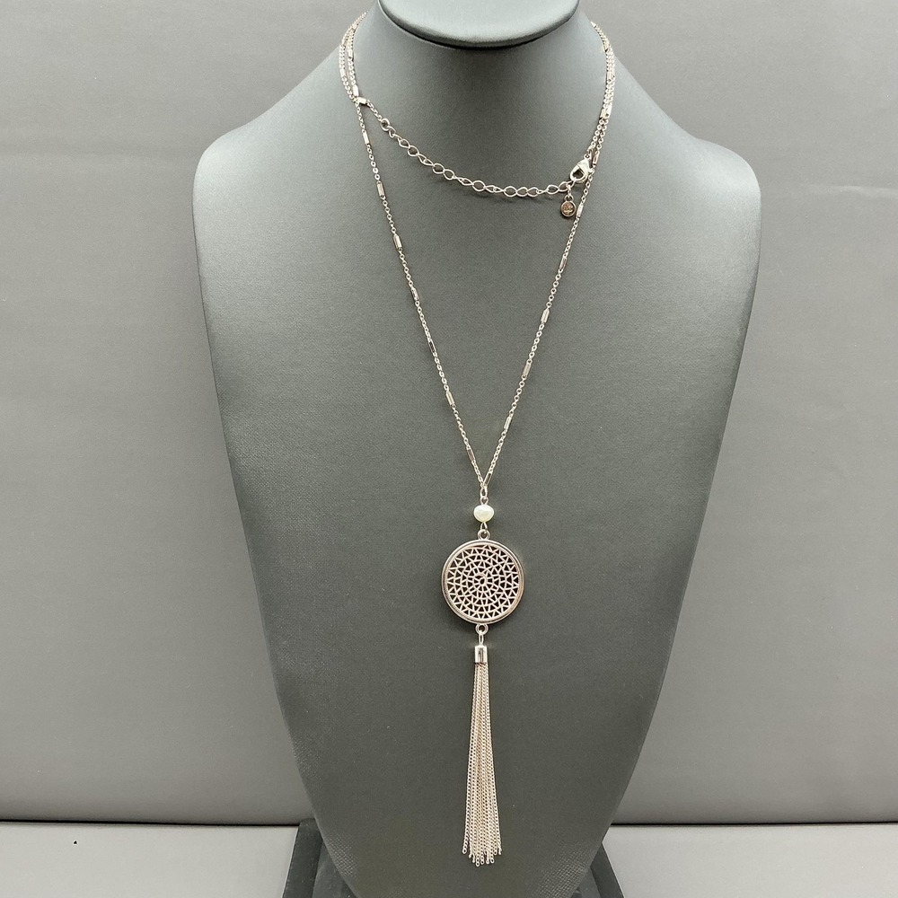 LC Lauren Conrad Necklace Gold Tone Round Filigree Tassel Pendant Boho Chain